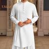 Men's Cotton Linen Kaftan Long Sleeve O-Neck Robe Solid Color Button-up Collar Thobe Breathable Arabic Clothing for Prayers Casual Wear