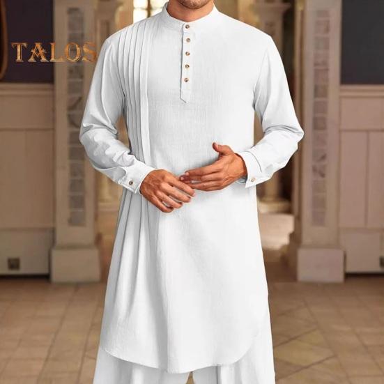 Men's Cotton Linen Kaftan Long Sleeve O-Neck Robe Solid Color Button-up Collar Thobe Breathable Arabic Clothing for Prayers Casual Wear