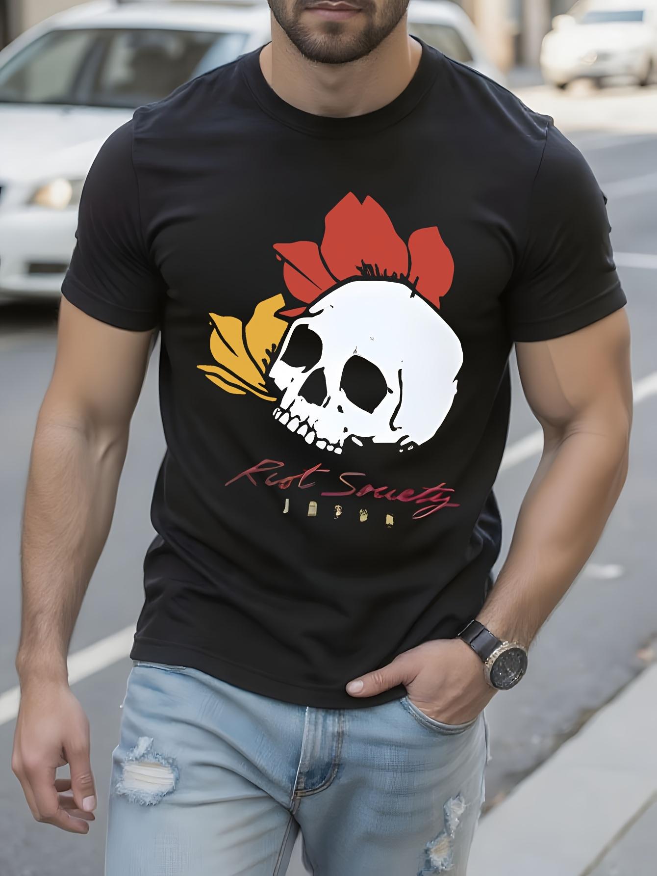 Crew Neck Tshirt - Black Graphic Tee with Red and Golden ... S