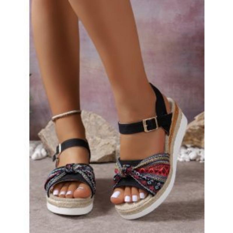 

Slope heel platform sandals women s summer new large size bow one-word buckle casual women s sandals 36