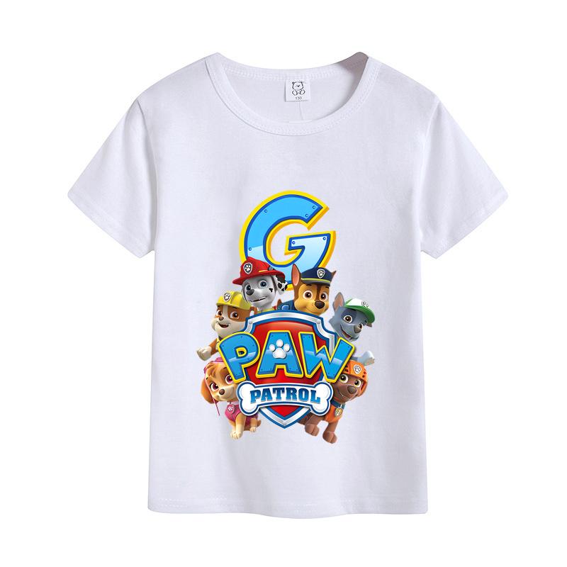 Paw Patrols Letter AZ TShirt White Cartoon Chase Skye Short Sleeve Tops Cute Rubble Zuma Summer Casual Clothes Birthday Gifts