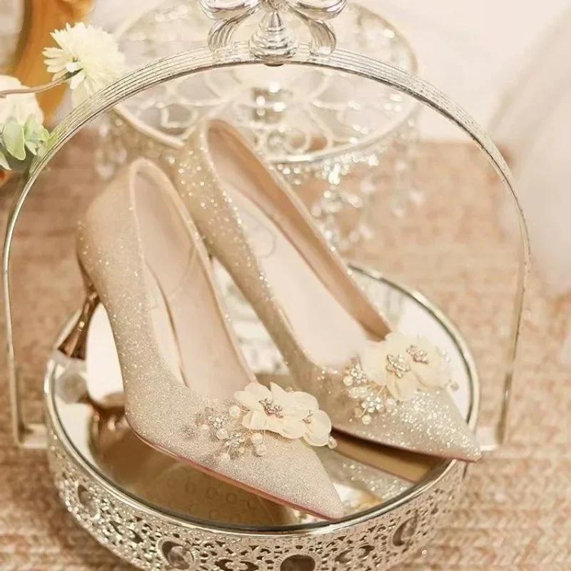 

Fashion 2025 New Ladies Shoes Pointed Toe Women s High Heels Fashion Wedding Romantic Crystal Flower Shoes Bride Thin Heels Women Pumps 34