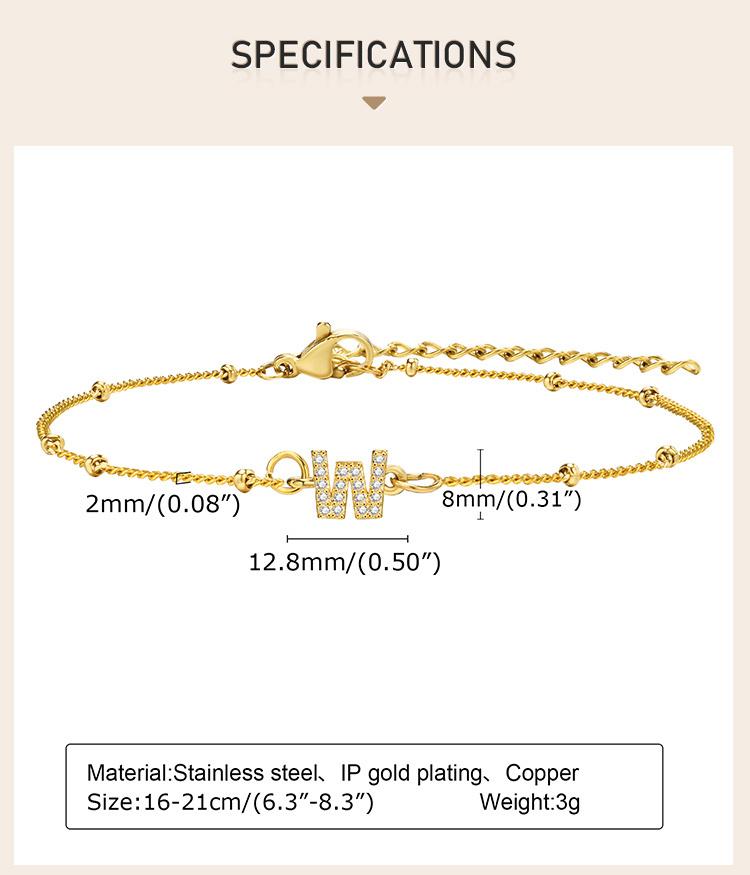 Charms Pave Initial Letter Bracelet, Paperclip Satellite Chain Stainless Steel Gold Plated, Handmade Jewelry for Women