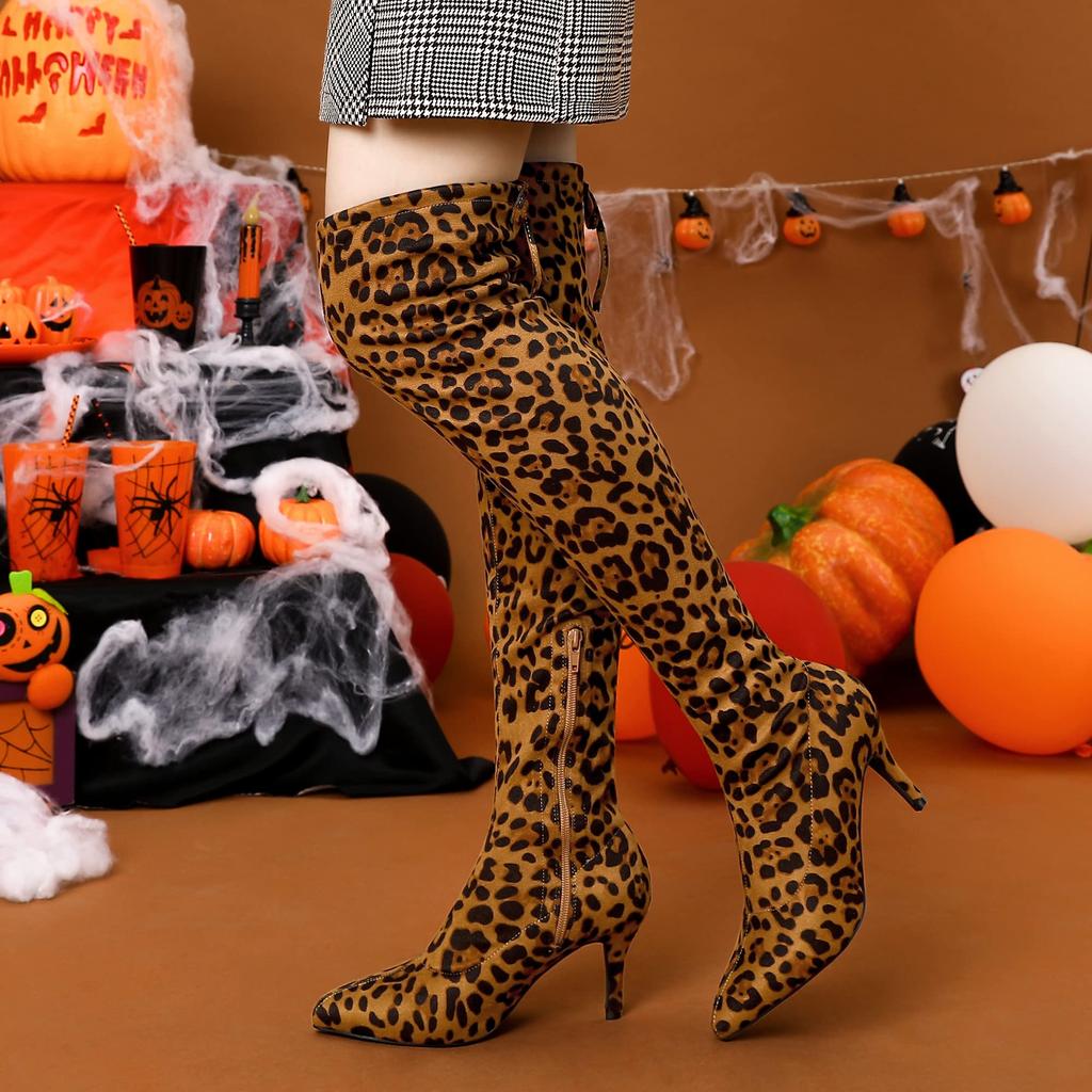 Allegra K Women's Leopard Print Knee-High Boots with Stiletto Heels, Size 24.0 Cm, Winter