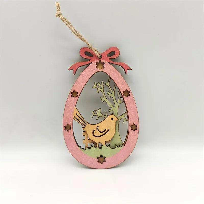 

2025 Wooden Hollowed Easter Egg Pendants Bunny Rabbit Chick Egg Wood Craft Hanging Ornaments Kids Happy Easter Day Party Decor