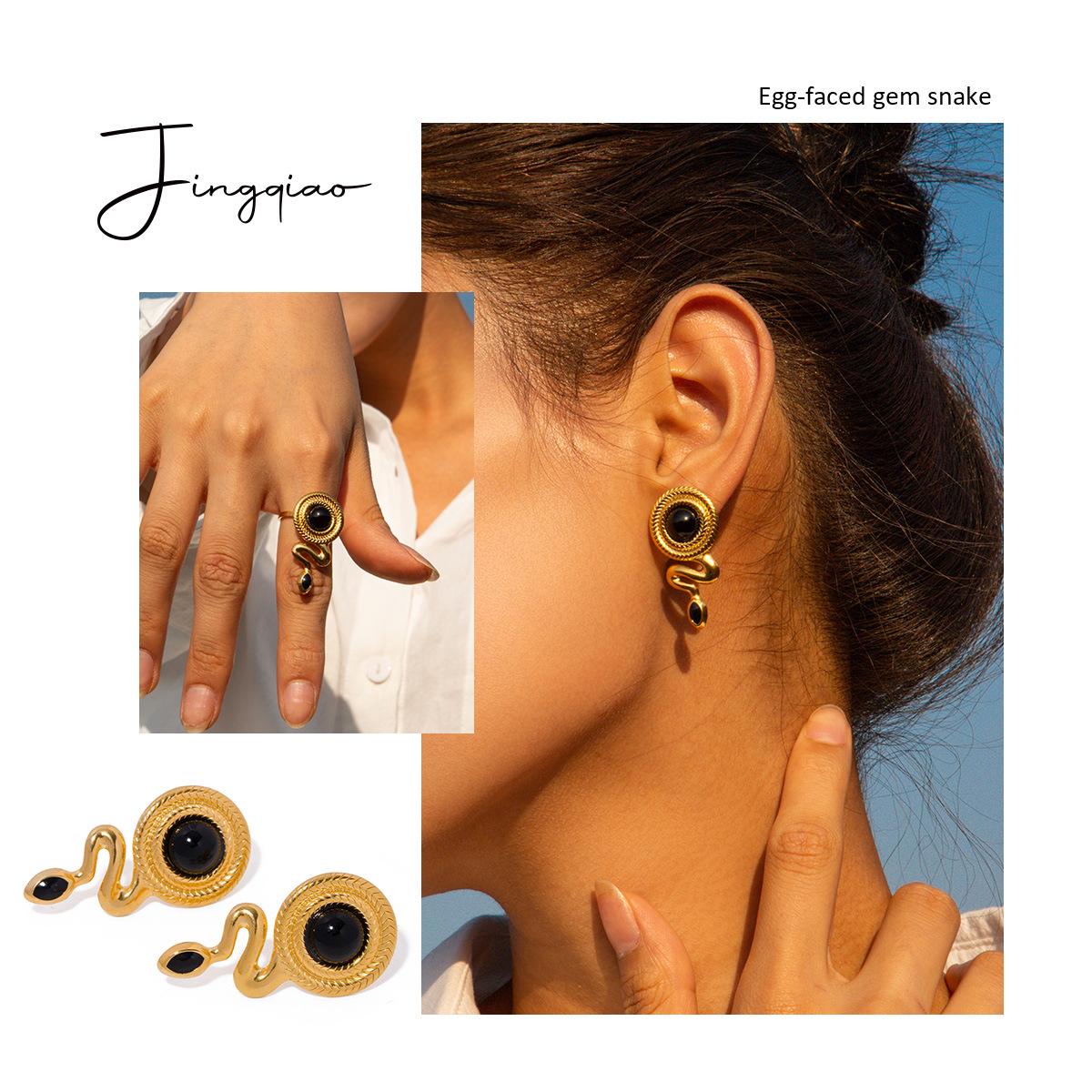 

European & American Retro 18k Gold Stainless Steel Black Agate Snake Earrings for Women