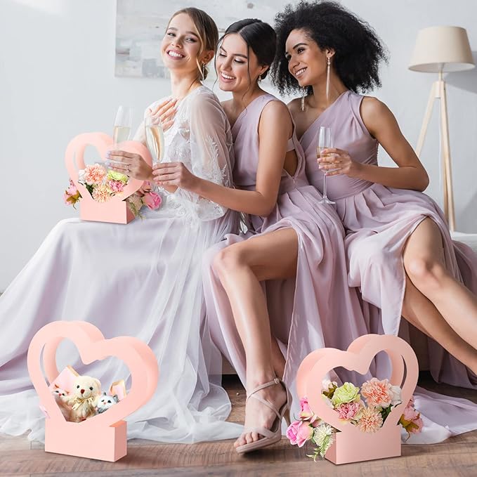 4 Pcs Valentine's Day Gift Bags Heart Shaped Boxes for Flowers Empty Bouquet with Handle Folding Basket for Wedding Arrangement Graduation