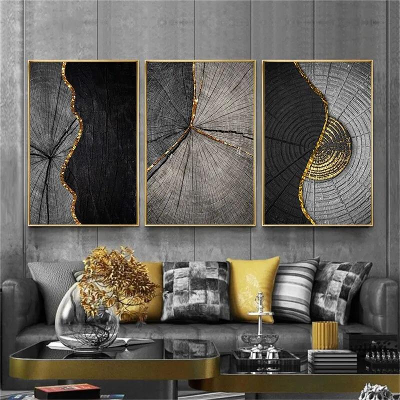 Luxury Vintage Wall Art Abstract Gold Black Green Marble Canvas Painting with Wood Texture Home Decor Posters Prints