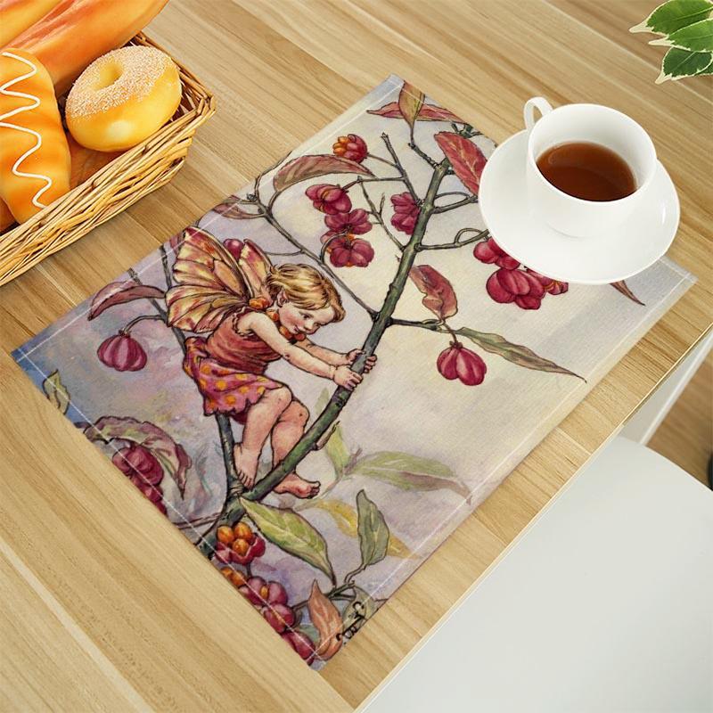 The Fairies Of The Winter Print Linen Dining Table Mats Alphabet Kitchen Placemat 30X45cm Coasters Pads Bowl Cup Mat
