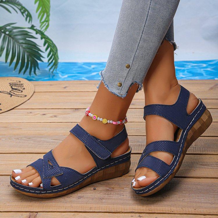 New Large-sized Casual Fish-mouth Shoes Velcro Wedge Heel Thick-soled Sandals
