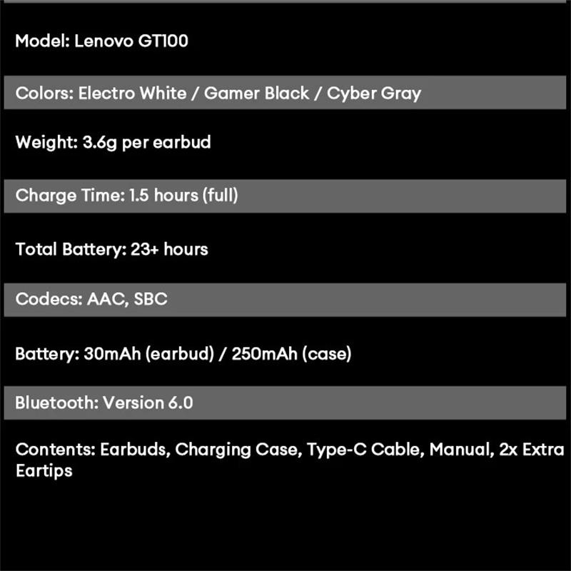 Lenovo Słuchawki douszne GT100 True Wireless do gier – Bluetooth 6.0, ultraniskie opóźnienie 38 ms, czteromikrofonowa redukcja szumów AI, etui z diodami LED RGB 23 h