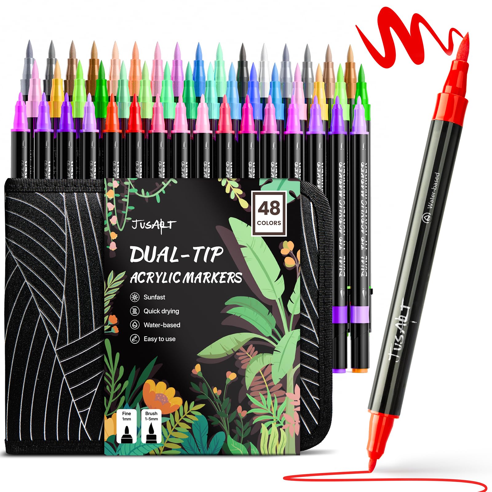 

JusArt Acrylic Marker Paint Markers with Brush Tip and Fine for Acrylic Art Metallic for Writing on and Perfect as a Gift Pens, 48-Color Set, Tip,