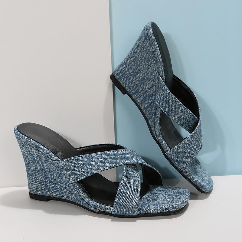 

Summer new square head open-toed denim cross with wedge heel cool slippers women s fashion high-heeled sandals 42
