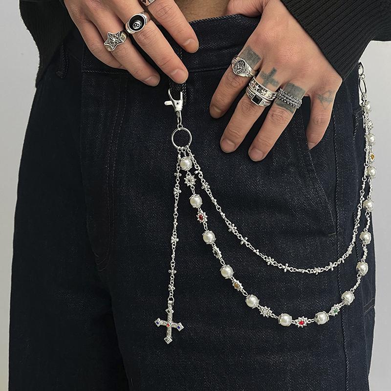 Exquisite Luxury Cross Pendant Imitation Pearl Pants Chain For Men Punk Trousers Chain Hip Hop Jeans Chain Clothing Accessories