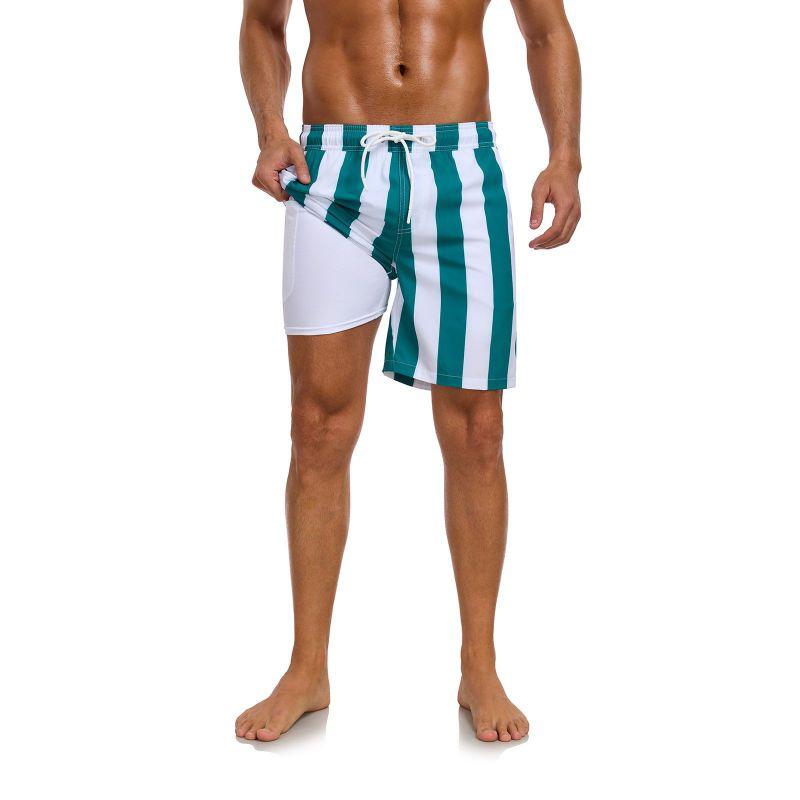 Men's Double-Layer Printed Beach Shorts Drawstring Swim Trunks