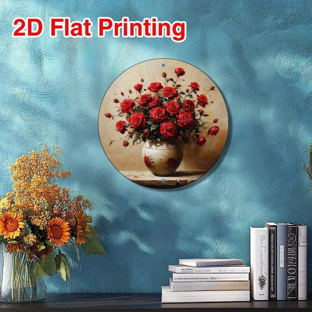 Antique Style 8x8 Inch Round Metal Wall Art Sign with Red Roses in Vase Bohemian Decor Flat Aluminum Plaque
