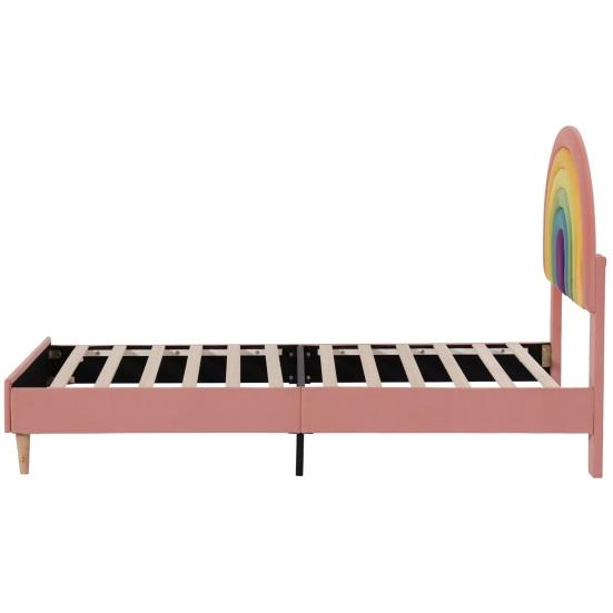 Teen Bed with Height-Adjustable Rainbow Headboard Ergonomic Design Strong Load Bearing Easy To Assemble Youth Bed Home Furniture