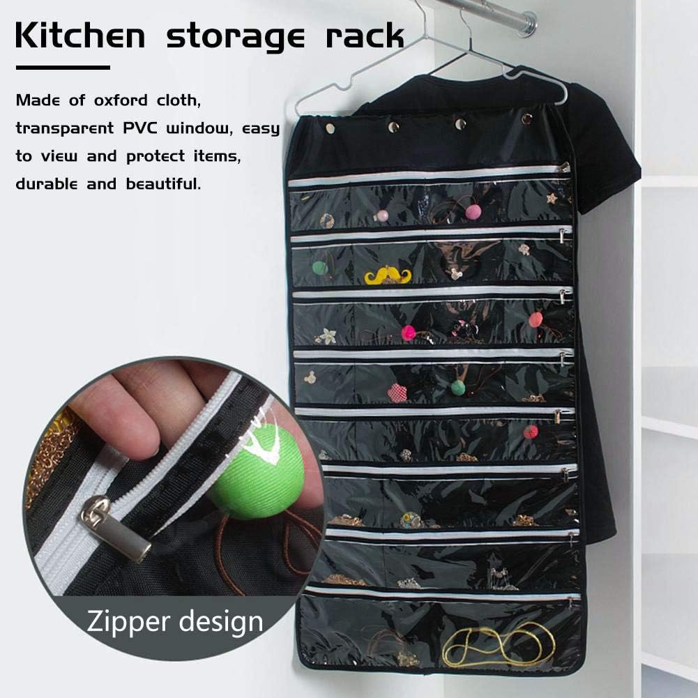 Hanging Jewelry Organizer with Zipper,Dual-Sided 56 Clear Pockets for Earrings Necklace Bracelet Ring Accessory Display (Black)