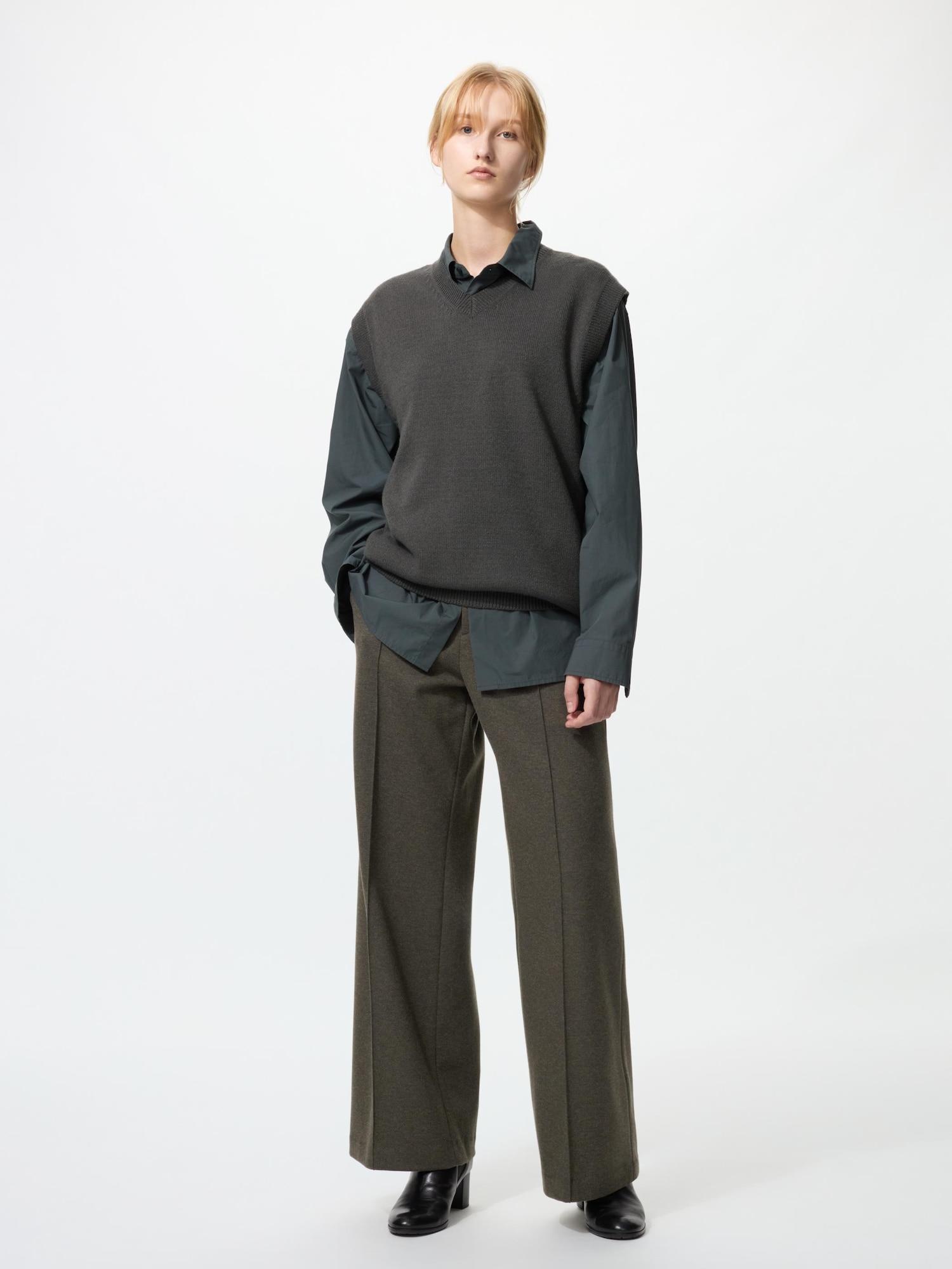 Uniqlo Широкие брюки из байки с начесом, удлиненные 57 OLIVE/XS