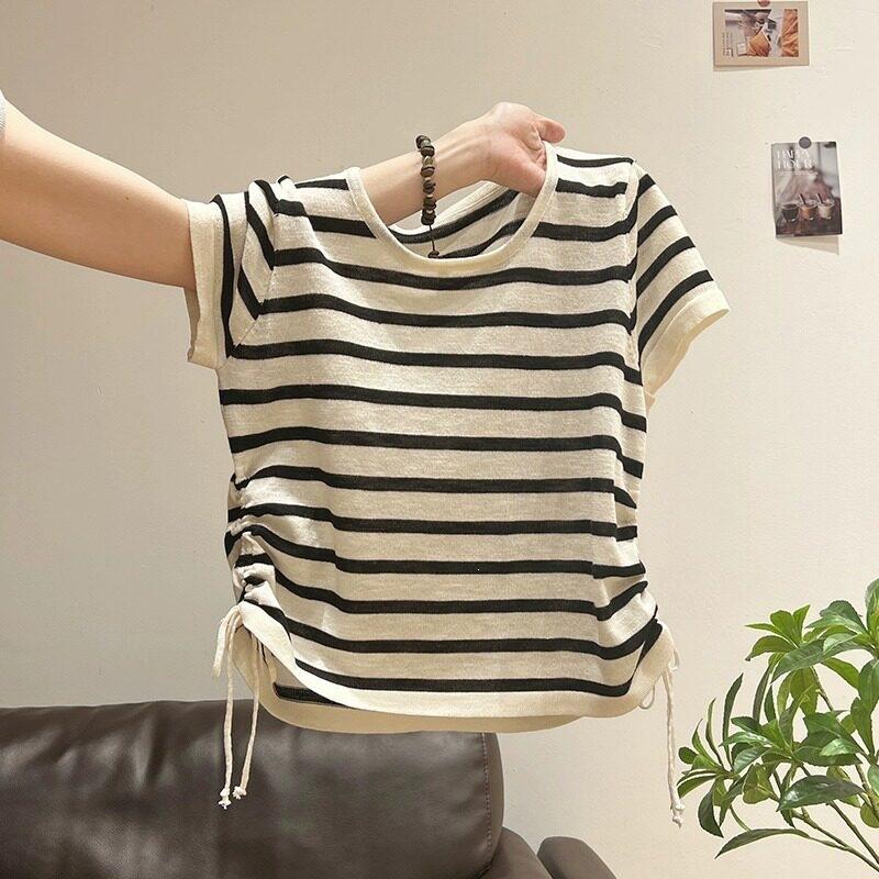 Yellow Striped Knitted Short-sleeved T-shirt Women's 1116 New Summer Pleated Waist Design Drawstring Spice Top