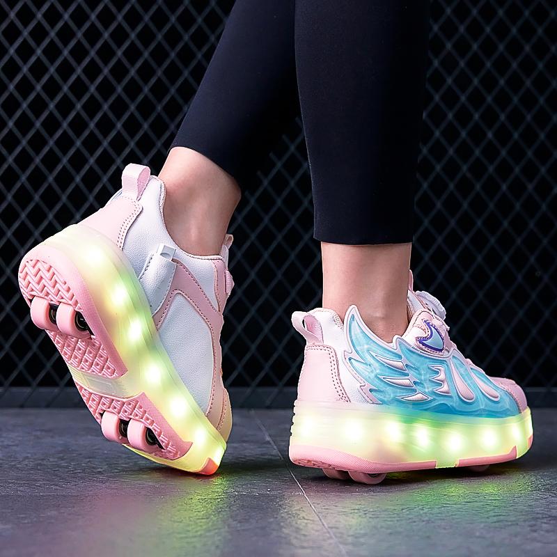 28-37 Children's Four-wheel Disassembly Into Flat Sports Shoes LED Illuminated Children's Illuminated Sports Shoes