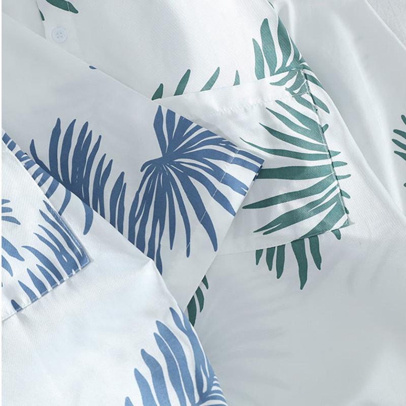 Mens Hawaiian Resort Style Palm Leaf Print Turn Down Collar Short Sleeve Shirts
