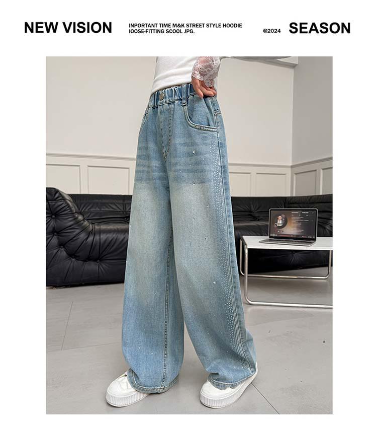 Girls' Autumn 2026 Wide Leg Rhinestone Jeans - Children's Straight Leg Trousers for Middle and Older Girls.