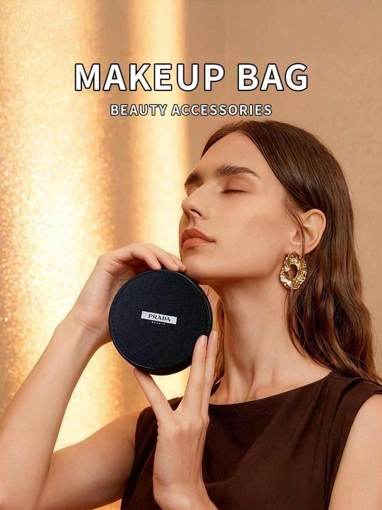 Prada Beaute Black Round Zipper Makeup Bag, Mini Cosmetic Storage Pouch