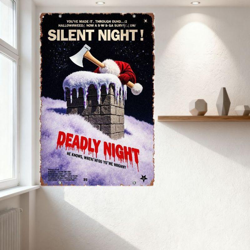 Vintage 'Deadly Night' Horror Movie Metal Tin Sign - Santa with Axe, Snowy Chimney, Festive Horror Decor for Home, Bar, Man Cave