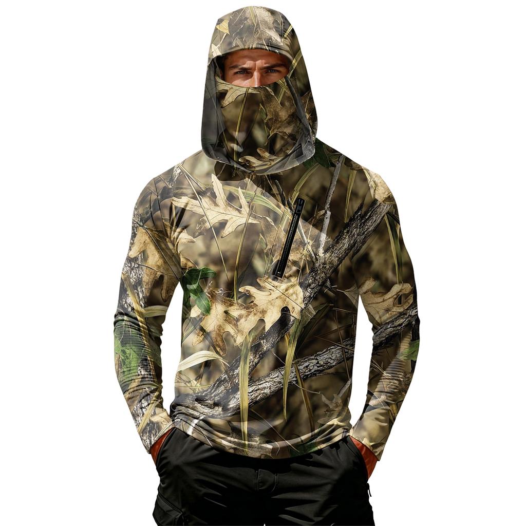 Men's Casual Hoodie Long Sleeve Lightweight Breathable Sun Protection Leaf Camouflage Printed Pullover Shirt with Hood and Chest Pocket