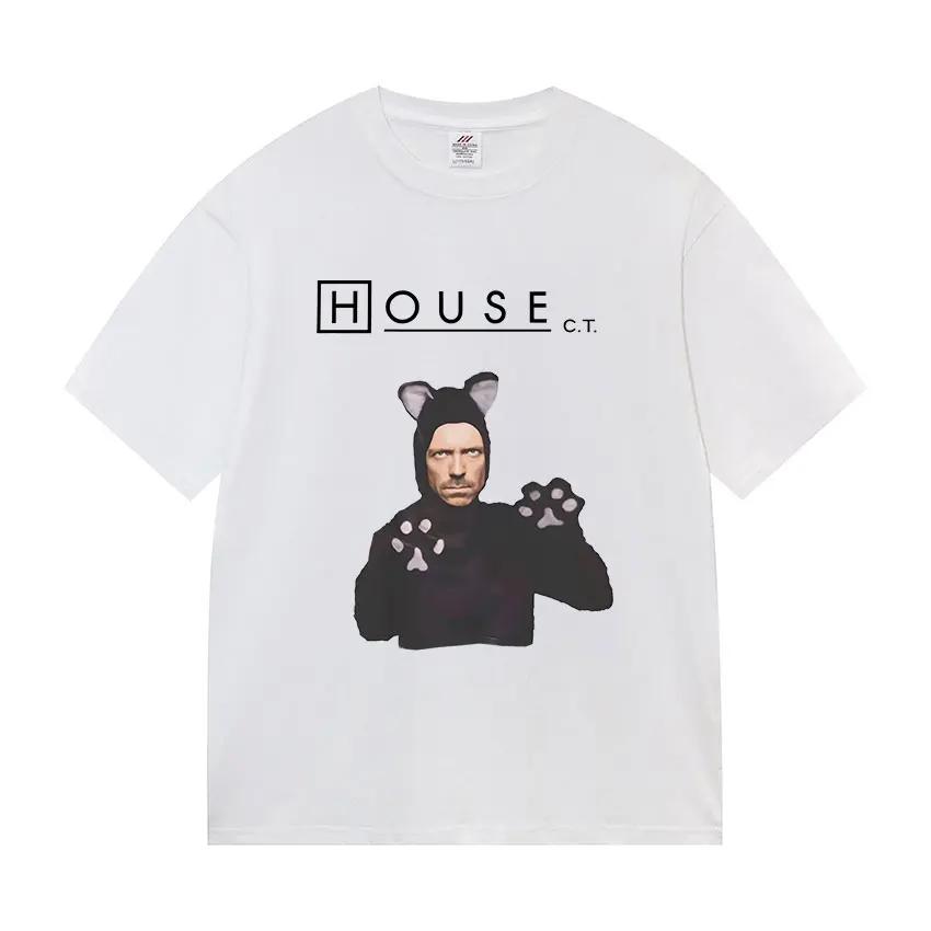 Lustiges House MD als Katze Meme Grafik T-Shirt Herren Damen Retro Oversized Kurzarm T-Shirts Mode Hohe Qualität Baumwolle T-Shirt