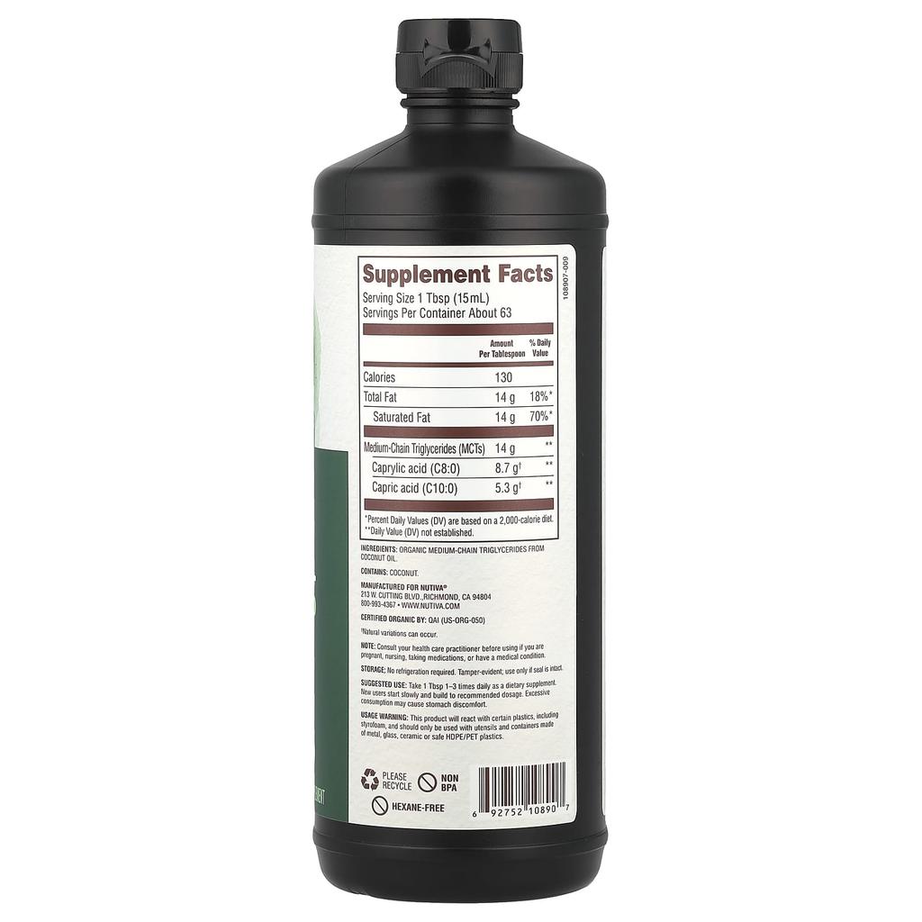 100% Organic Coconut Mct Oil, Unflavored, 946 Ml (32 Fl Oz)