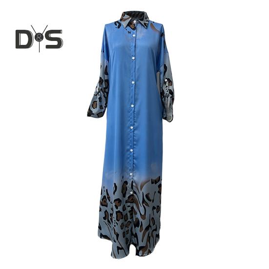 Lady Spring Maxi Dress Lapel Leopard Print Long Sleeves with Cufflink Loose Single-breasted Vintage High Waist Casual Daily Dress