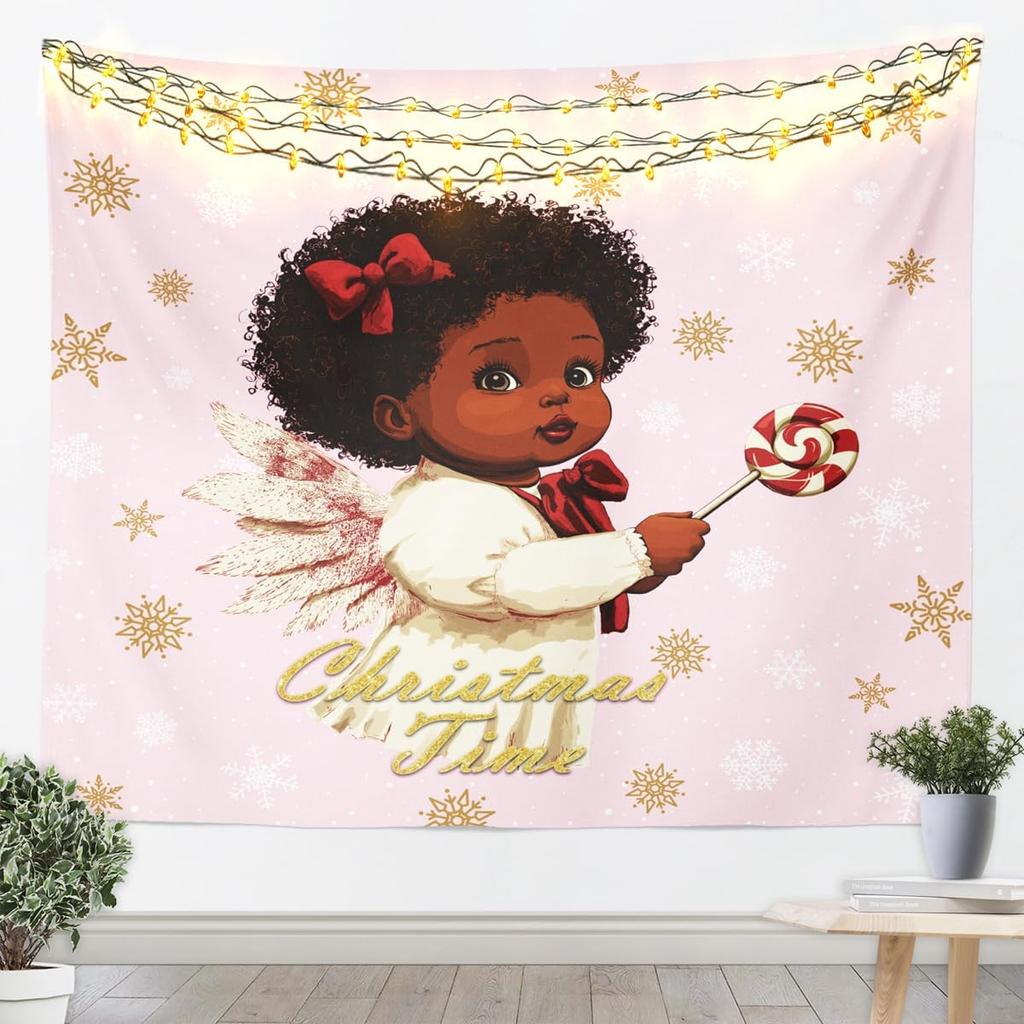 Black Santa Claus Tapestry Afro African American Wall Art Merry Christmas Wall Hanging Blanket for Living Room Bedroom Home