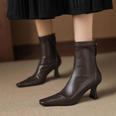 New Women's Leather Fashion Boots Solid Color Square Head High Heel Large Size Women's Boots Autumn and Winter Square Heel Rear Zipper Medium Boots