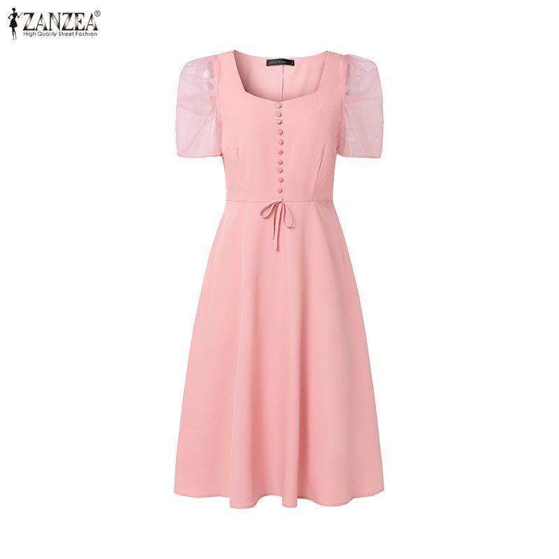 ZANZEA Women Casual Square Collar Splice Short Sleeve Elegant Dress