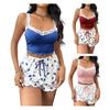 Women's 2 Piece Ribbed Pajama Set Sleeveless Lace Crop Cami Top And Tie Waist Shorts Set Summer Lounge Sleepwear Set