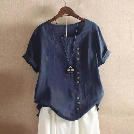 Summer Women T Shirt Loose Fit Round Neck Short Sleeve Solid Color Pullover Top Buttons Decor Daily Wear Tee