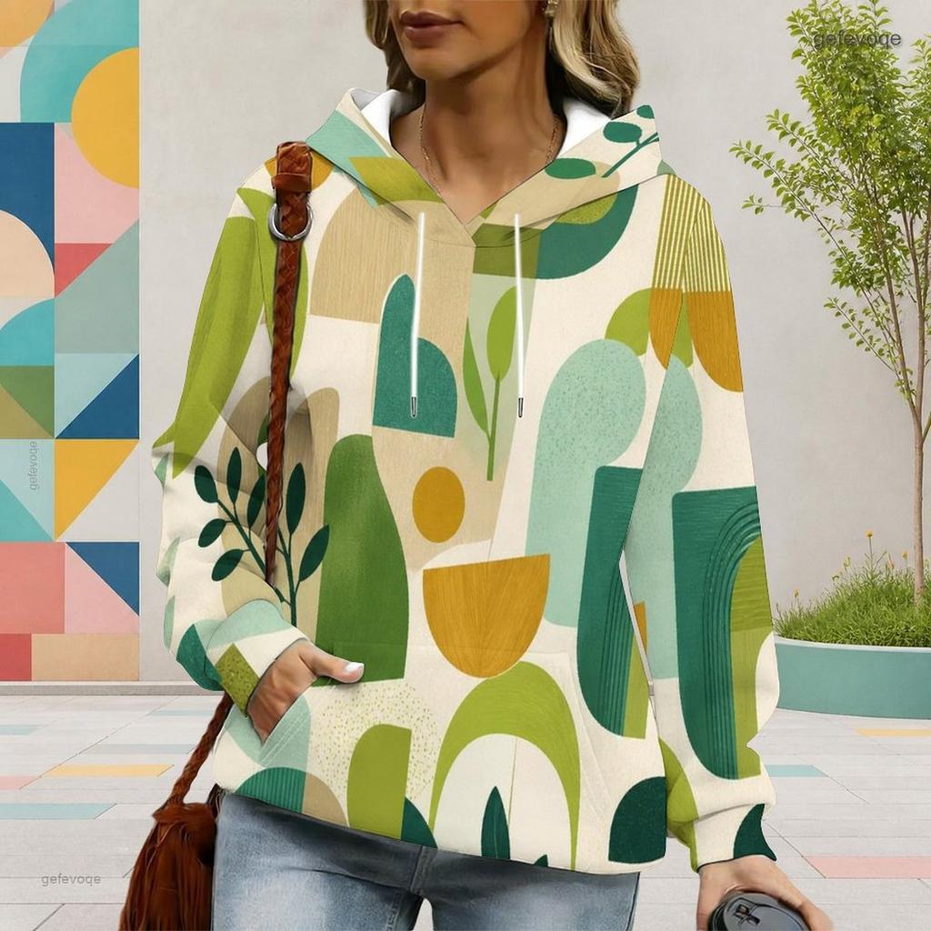 Women Plus Size Geometric Printed Long Sleeve Drawstring Hood Kangaroo Pocket Pullover Hoodie