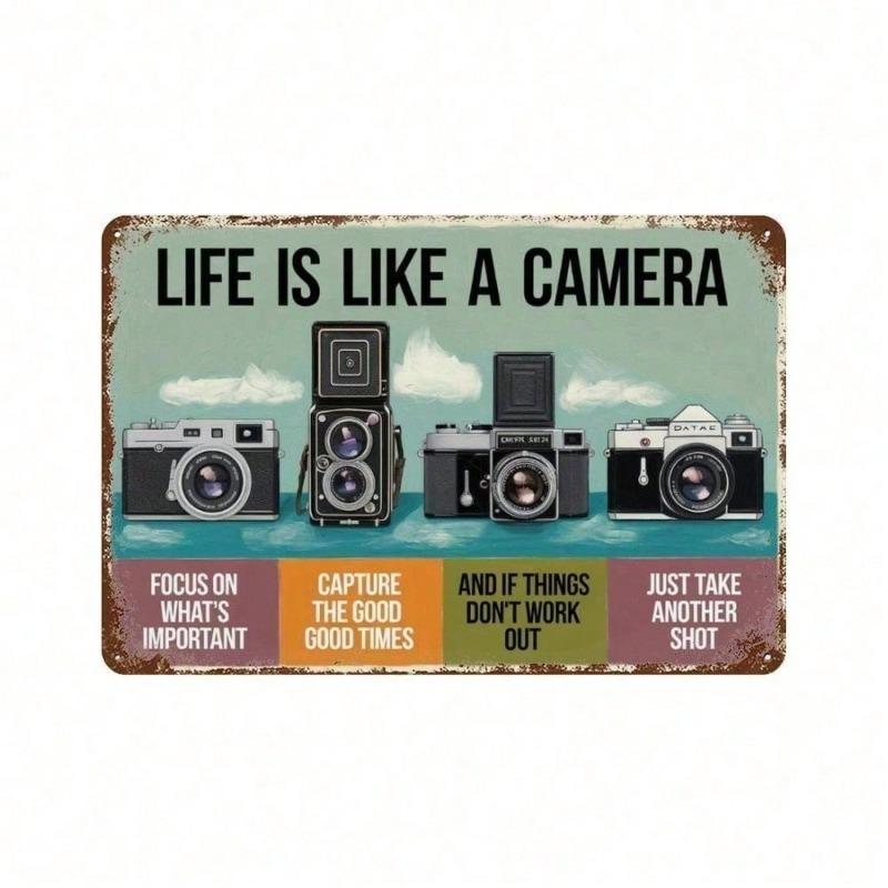 Vintage Metal Camera Sign 12x8 Inch Wall Art, Rustic Life Is Like a Camera Quote Decor, Unique Vintage Style Photo Photographer