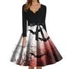 Dámské módní šaty s V-výstřihem, ležérního střihu, slim fit, s halloweenským potiskem, s dlouhým rukávem