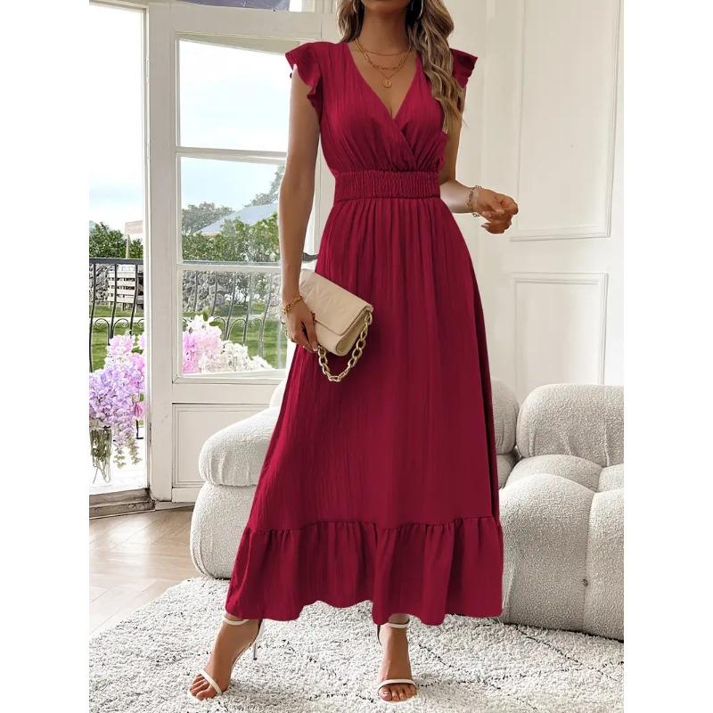 QICED Fashion Summer Spring Short Sleeve V-Neck Casual Dresses