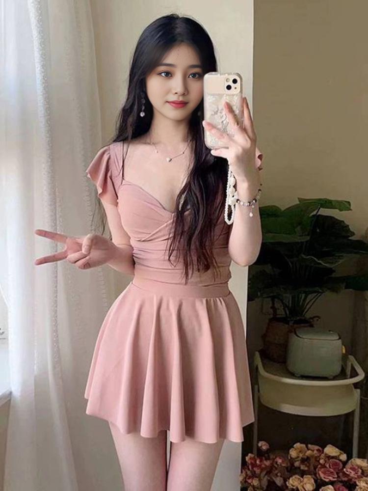 2024 Pure Desire Skirted One-Piece Triangle Bikini for Girls - Slimming, Concealing Swimwear for Summer Gatherings