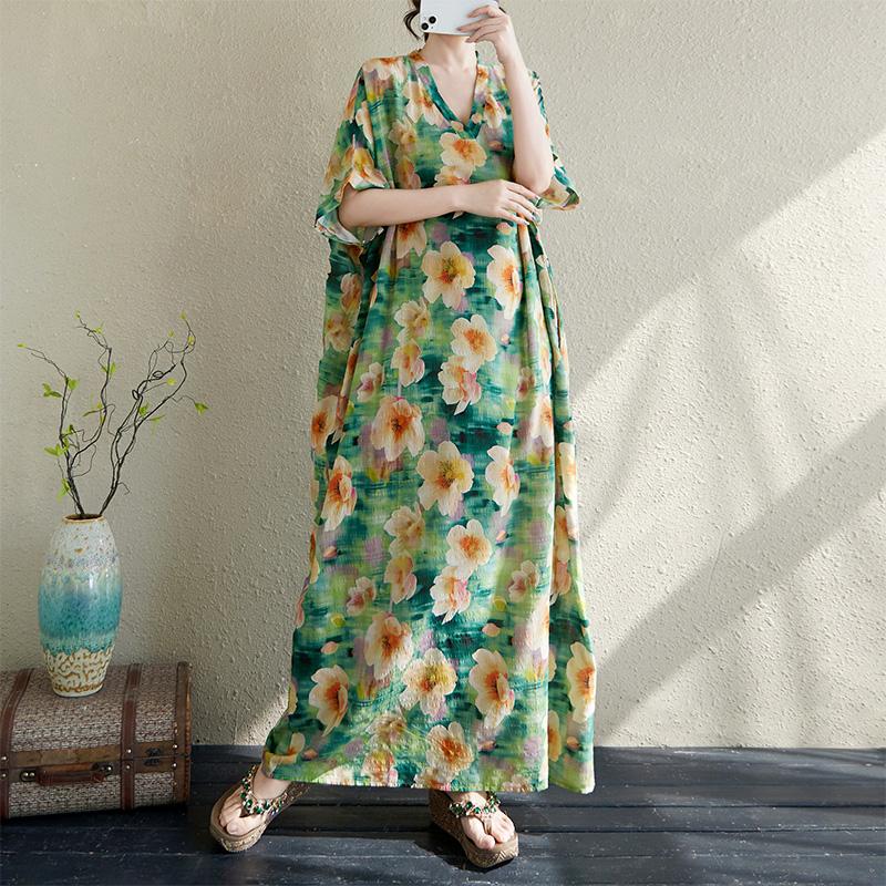 Dimanaf Plus Size 2025 Summer Dress V-Neck Women Casual Vintage Flower Dress Basic Long Loose Dress Maxi