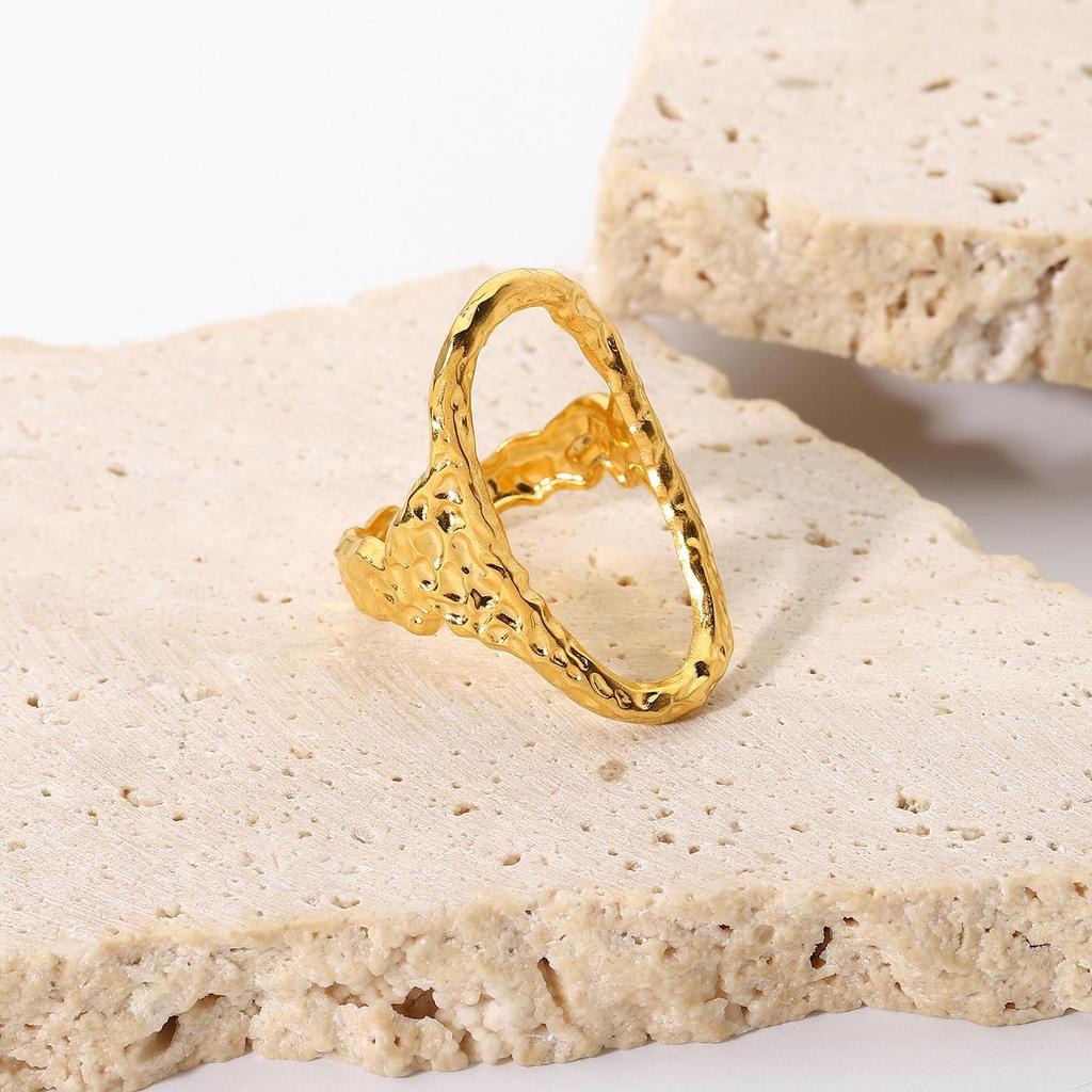 Ring 18K Stainless Steel Ring Hollow Oval Hammer Open Ring Ladies