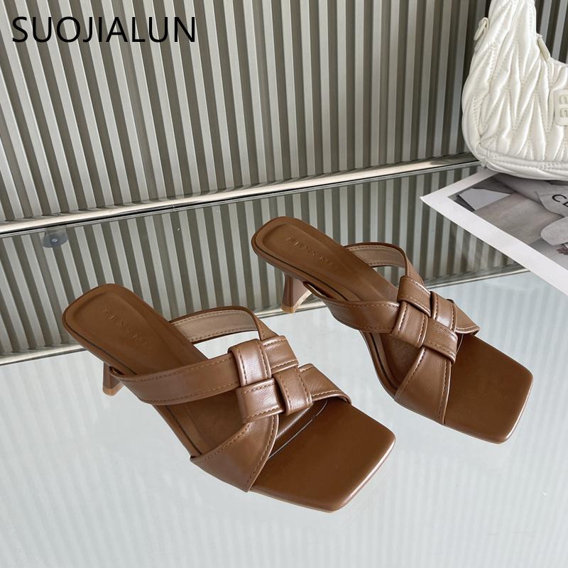 Fashion SUOJIALUN 2025 Summer New Brand Women Slipper Fashion Square Toe Slip On Ladies Slides Square High Heel Dress Sandal Shoes