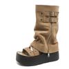 Fashion 9CM Women Platform Motorcycle Boots Wedges Heels Mid Calf Boots Woman Summer ZIP Detachable Chunky Sneakers Gothic Botas Mujer