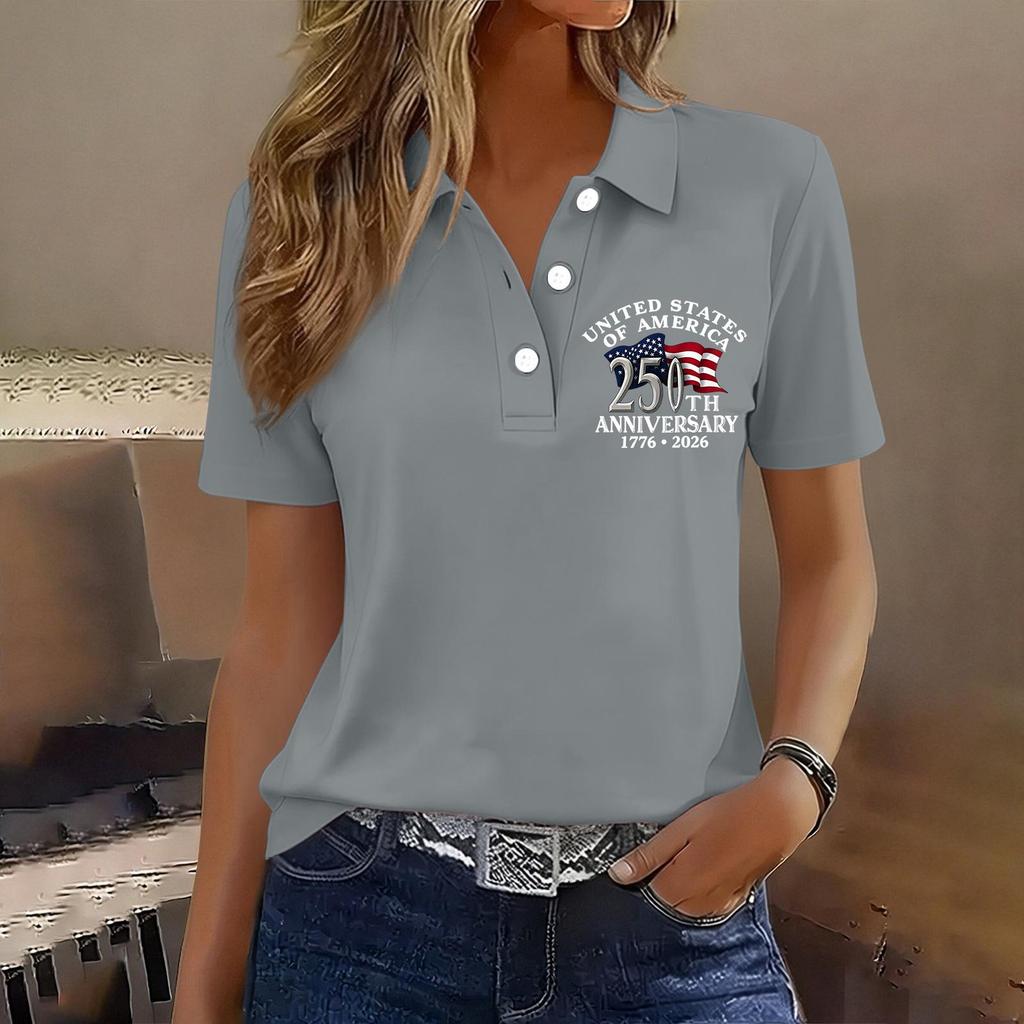 Women's Casual Button Front Short Sleeve Polo Shirt 250th Anniversary United States Printed Top 1776 To 2026 Commemorative Apparel