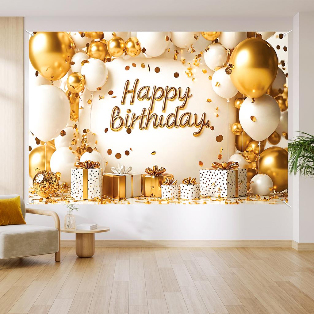 1pcs White and Gold Background Happy Birthday Party Decorations for Home Backdrop Banner 18th 30th 40th Birthday Party Supplies