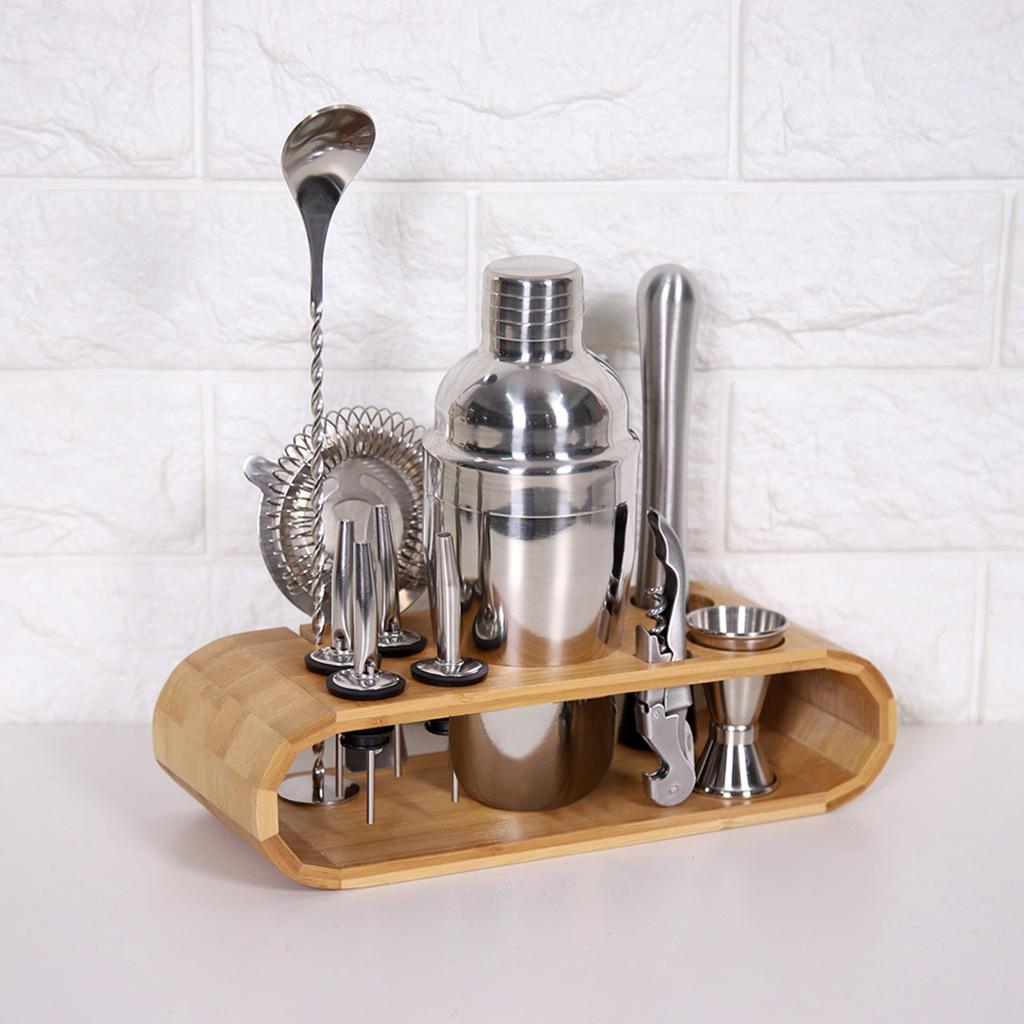 11-teiliges Set Edelstahl Cocktailshaker Mixer Getränke Barkeeper Martini Werkzeuge Bar-Set mit Holz